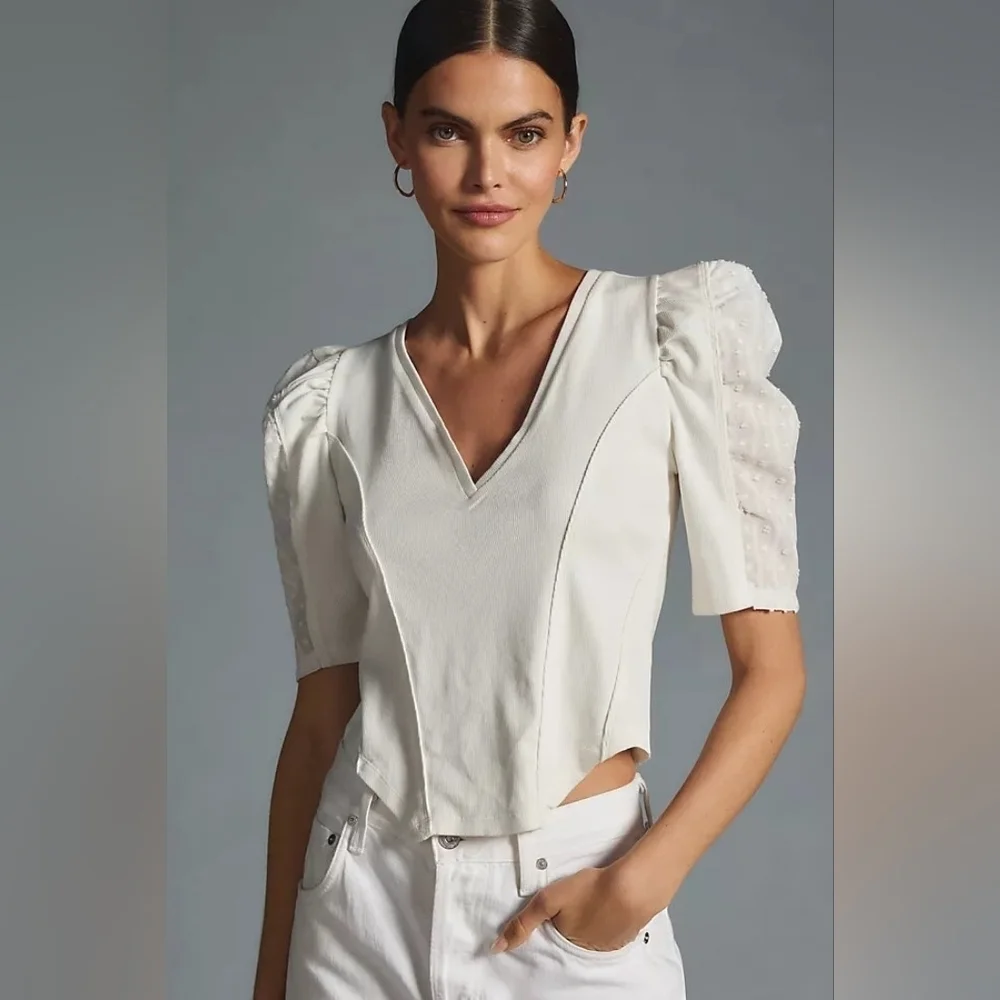By Anthropologie Puff-Sleeve Structured V-Neck Tee Blouse Top in White Size LG